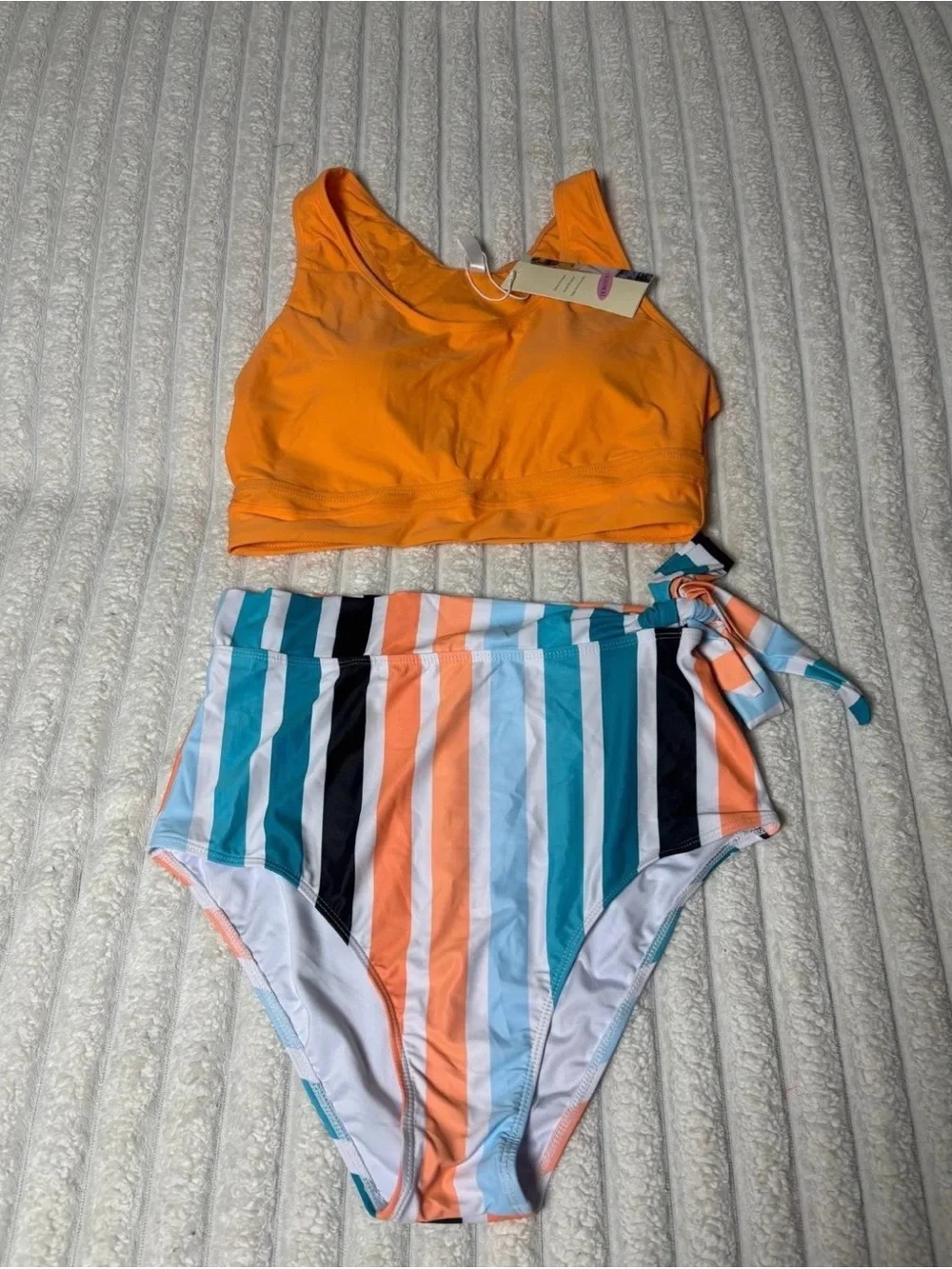 Orange Crop Tank Bikini Top with High-Waist Striped Tie-Side Bottom Set